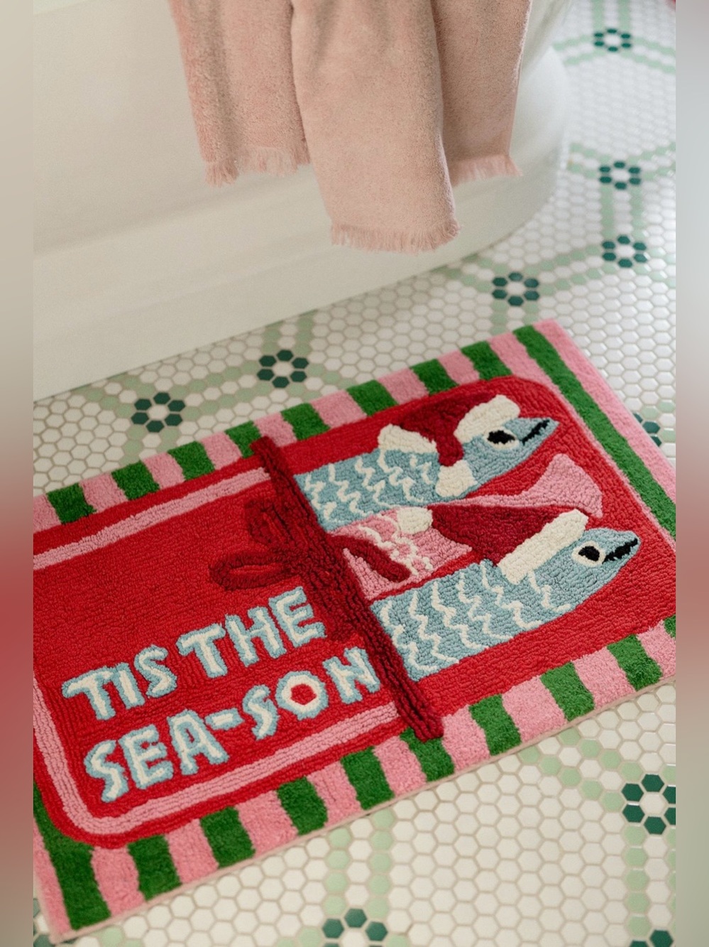 Anthropologie Tis the Season Tufted Bath Mat, Red, Pink & Green